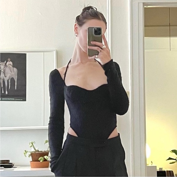 NWT LAQUAN SMITH Halter Tie Long Sleeve Bustier Fuzzy Textured Black Bodysuit XS - Picture 1 of 16